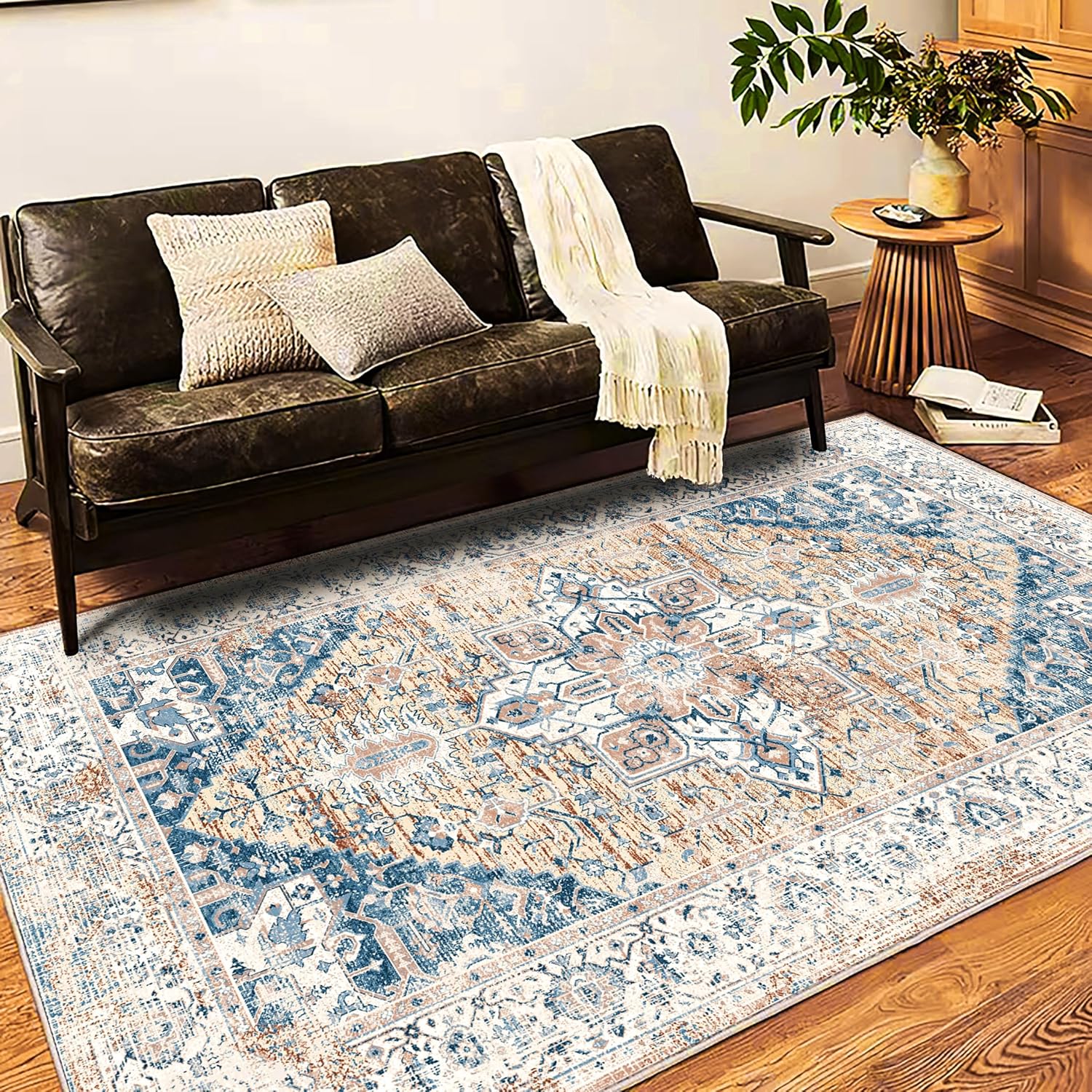 CHAMPLANT Washable Vintage Area Rug Large Boho Chic Medallion Distressed Design Non-Shedding Easy Care Ideal for High Traffic Areas in Living Room Bedroom Kitchen Office Large Carpet